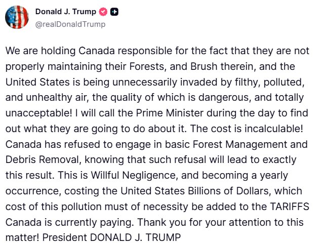 Трамп звинуватив Канаду у лісових пожежах і обіцяє покарати